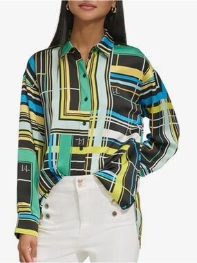 KARL LAGERFELD Paris Geometrical Print Oversize Button Down Blouse Size S